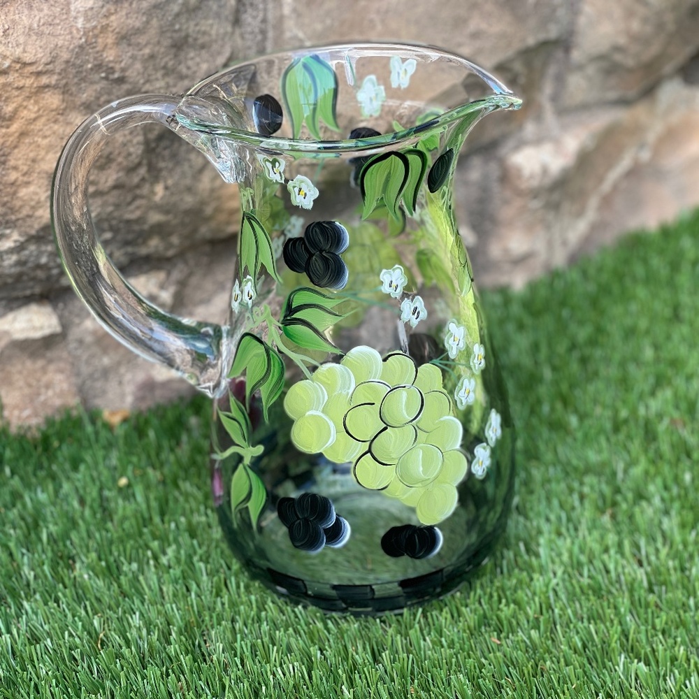 Glass Pitcher Hand Painted with Green and Purple Grapes